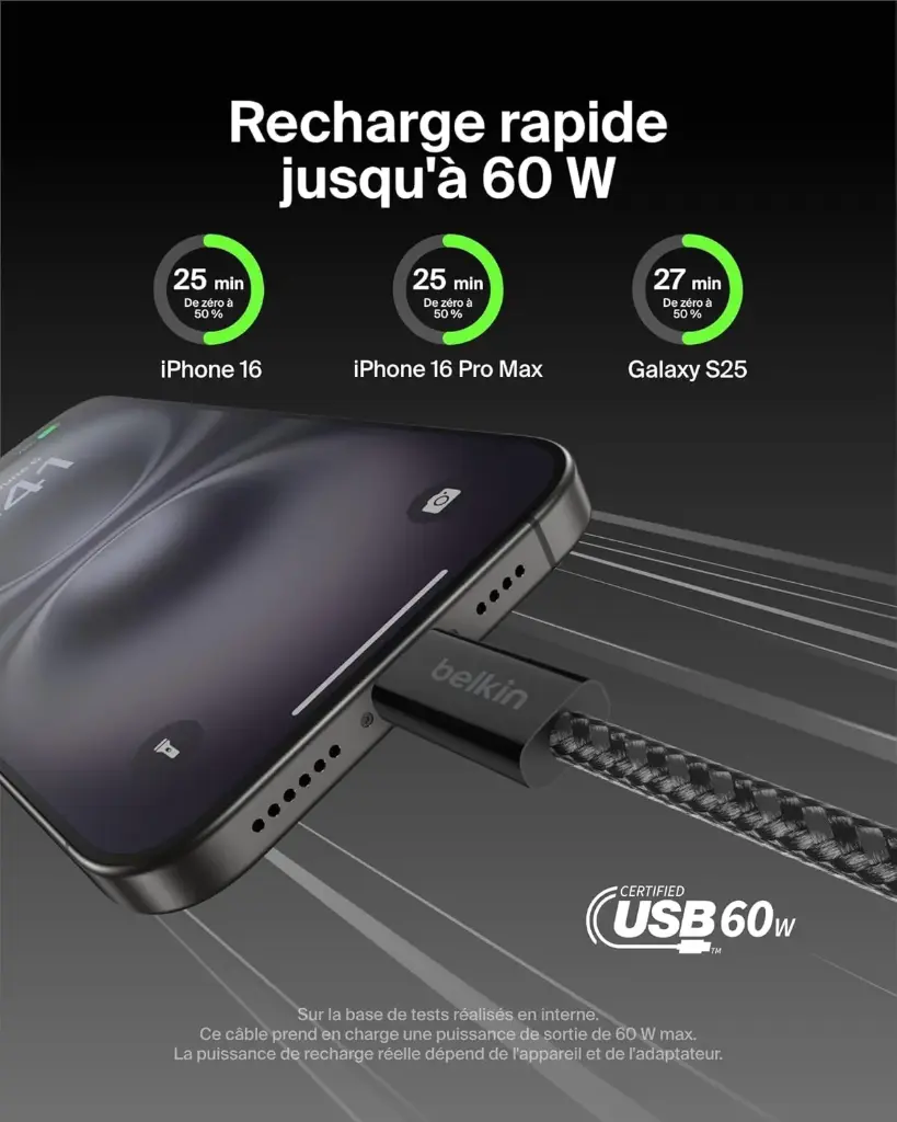 Belkin Câble USB-C vers USB-C avec gaine tressée (1,5 m, 60 W, doux au toucher, souple, recharge rapide )