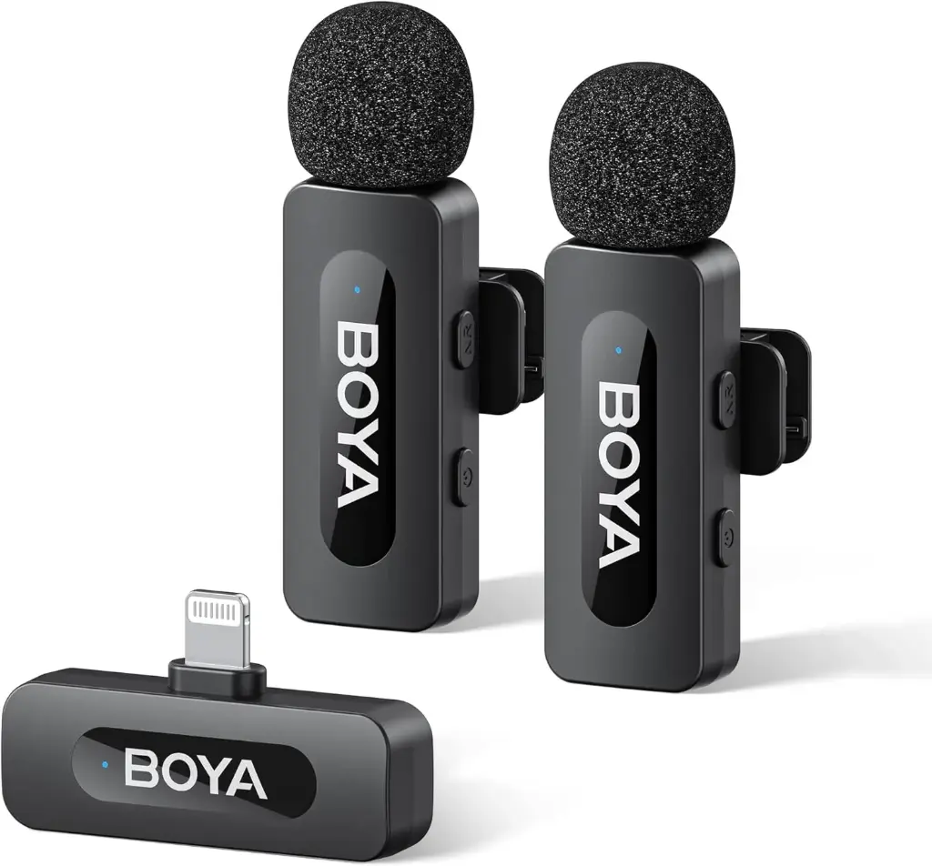 BOYA by-V2 Micro sans Fil pour iPhone, Mini Micro Lightning, 48 kHz/16 Bits, TX 9 h, Suppression du Bruit, Micro Cravate, Mode Muet, Clip 360° sur Micro Podcast pour Enregistrement Vidéo