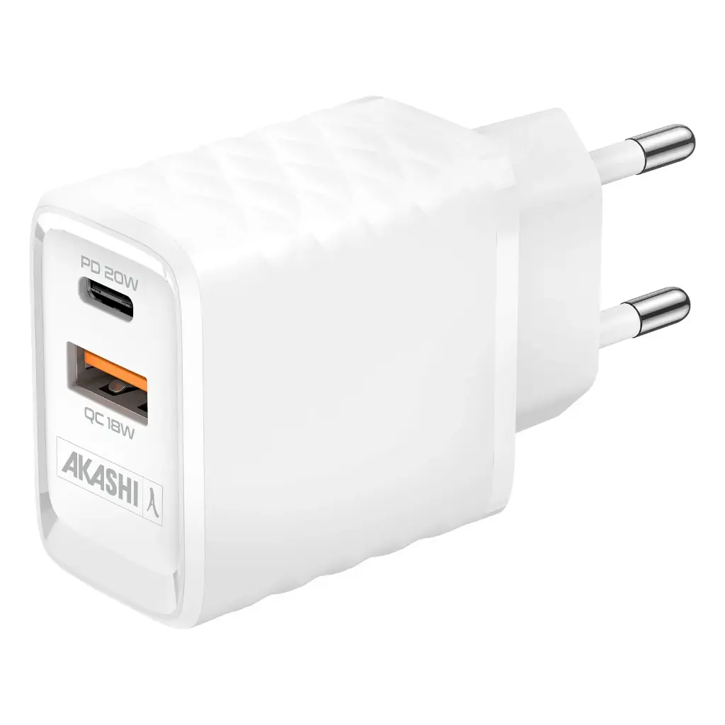 Akashi Chargeur Secteur GaN 20W USB-C + USB-A Blanc