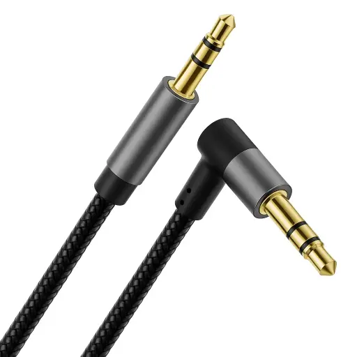 [X002UXQIMP] Câble aux 3,5mm Audio Jack Stéréo en Coton & Prises Métalliques - Plug Droit à Fiche Coudée 90°