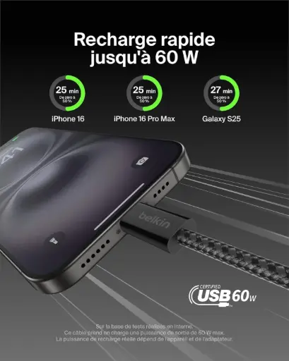Belkin Câble USB-C vers USB-C avec gaine tressée (1,5 m, 60 W, doux au toucher, souple, recharge rapide )