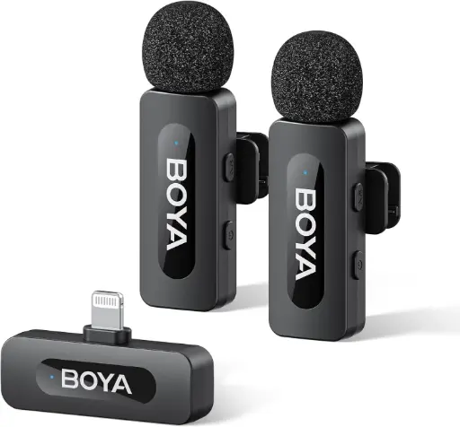 BOYA by-V2 Micro sans Fil pour iPhone, Mini Micro Lightning, 48 kHz/16 Bits, TX 9 h, Suppression du Bruit, Micro Cravate, Mode Muet, Clip 360° sur Micro Podcast pour Enregistrement Vidéo